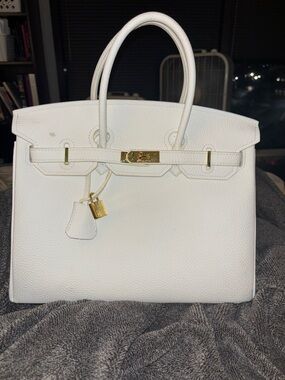 White Leather “Birkin” Style Top-Handle Tote with Gold Hardware